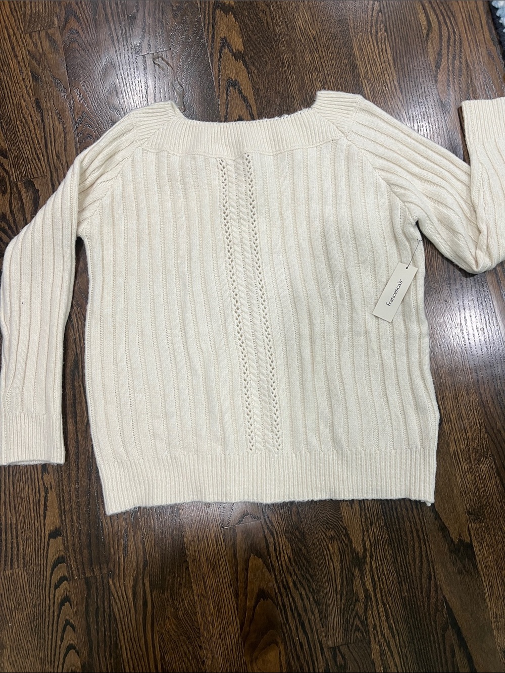 Francesca's Collections Off-the-Shoulder Ribbed Cream Sweater
